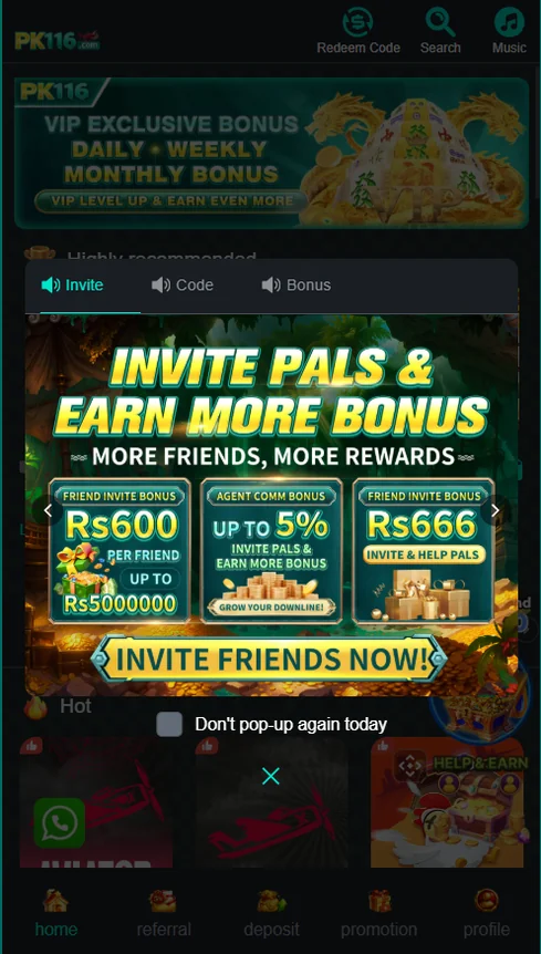 PK116 invite friends referral bonus popup
