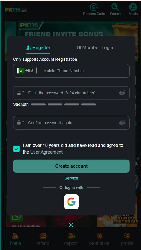 PK116 game registration and sign up screen